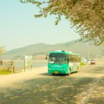 a green bus driving down a street next to a lake